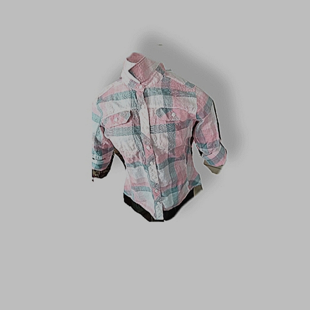 Columbia women's small button down pink plaid shirt.